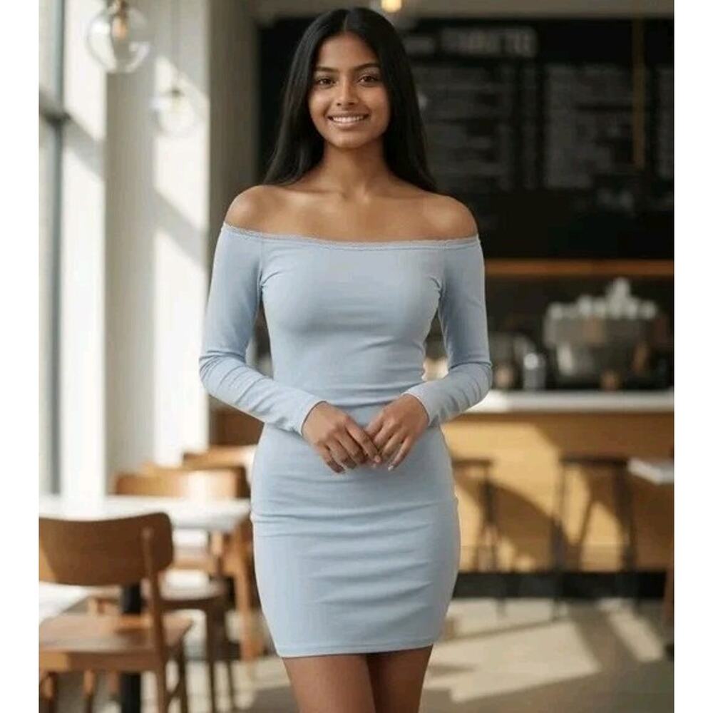 Wild Fable Women’s Off Shoulder Mini Dress Light Blue Medium Long Sleeve Bodycon